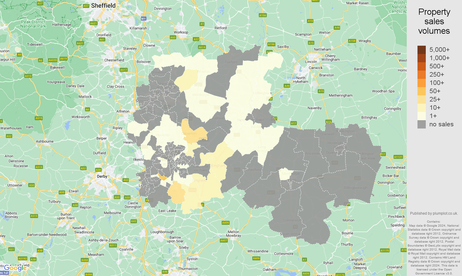 Nottingham map of sales of new properties