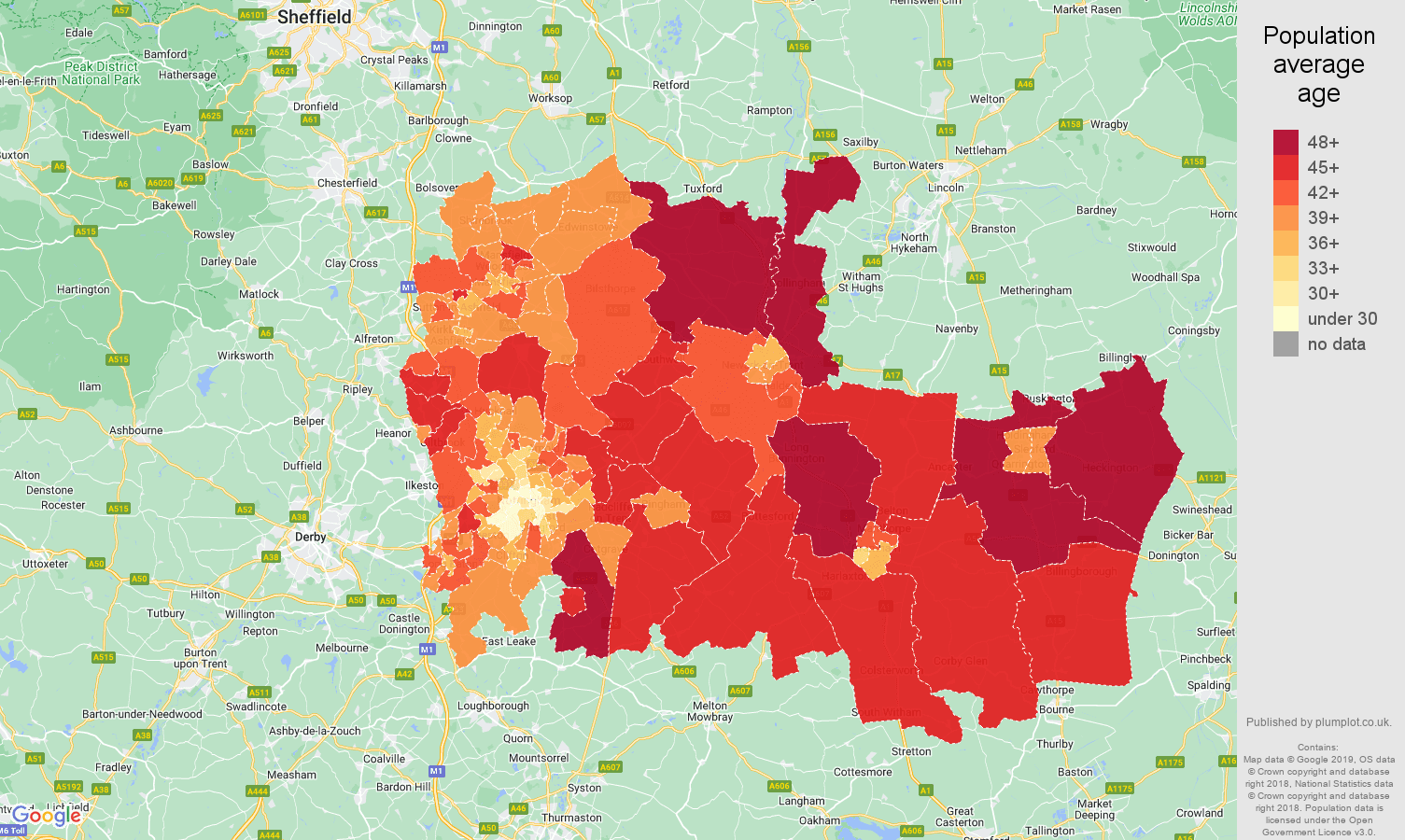Nottingham population average age map