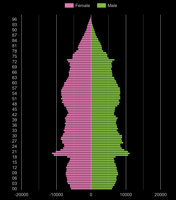 Nottingham population pyramid by year