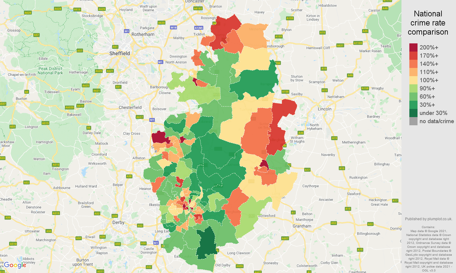 Nottinghamshire burglary crime rate comparison map