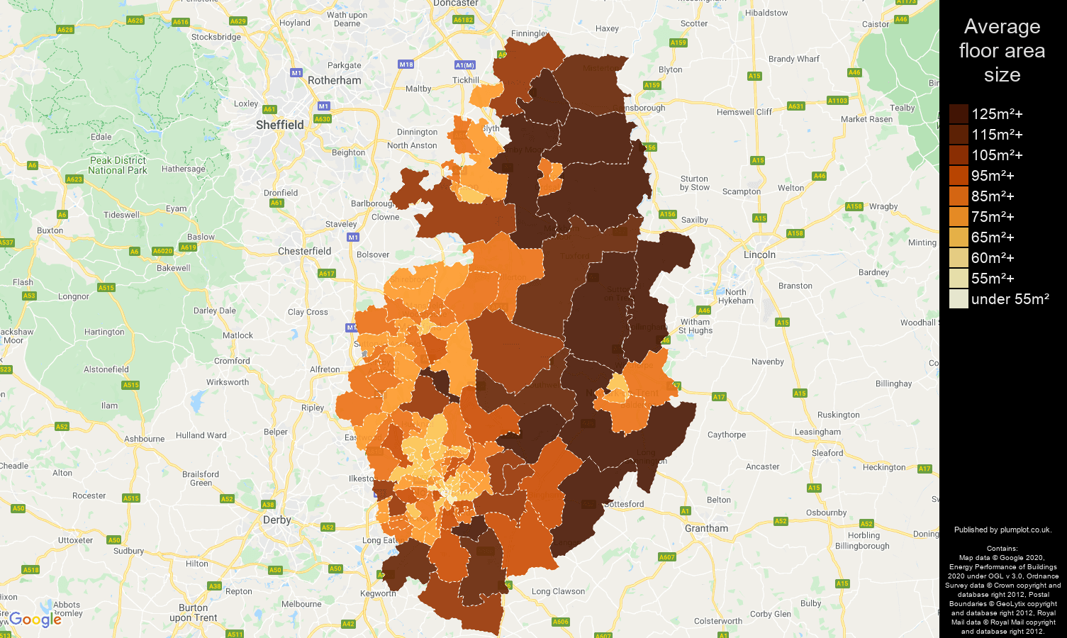 Nottinghamshire map of average floor area size of properties