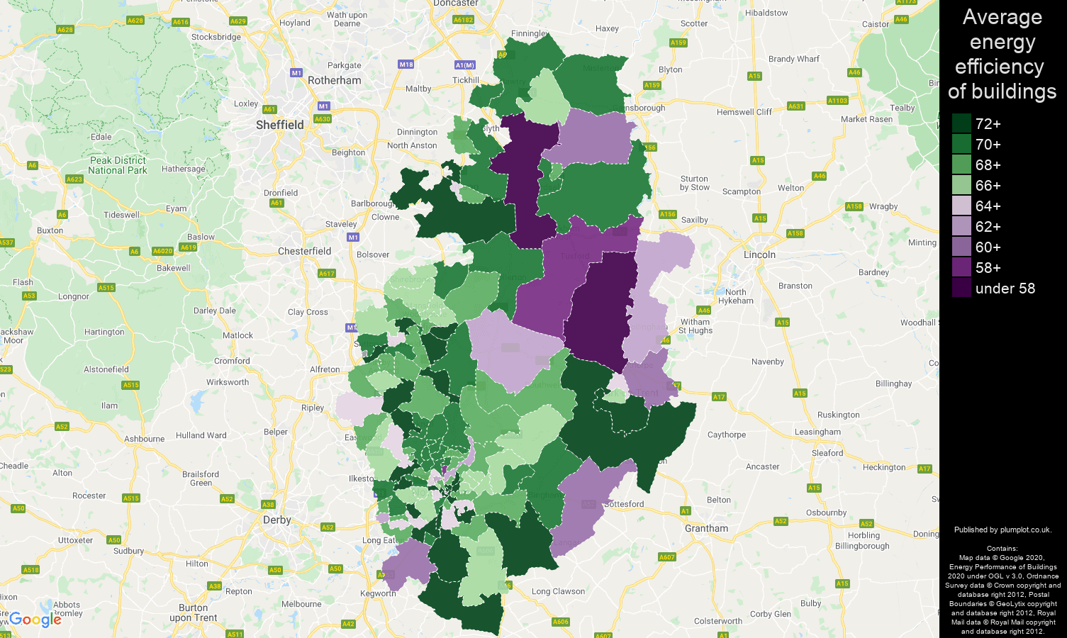 Nottinghamshire map of energy efficiency of flats