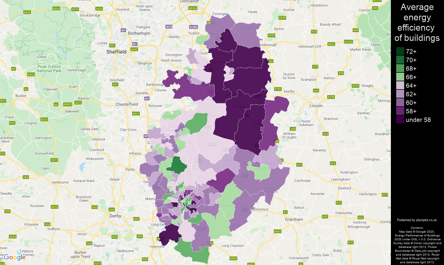 Nottinghamshire map of energy efficiency of properties
