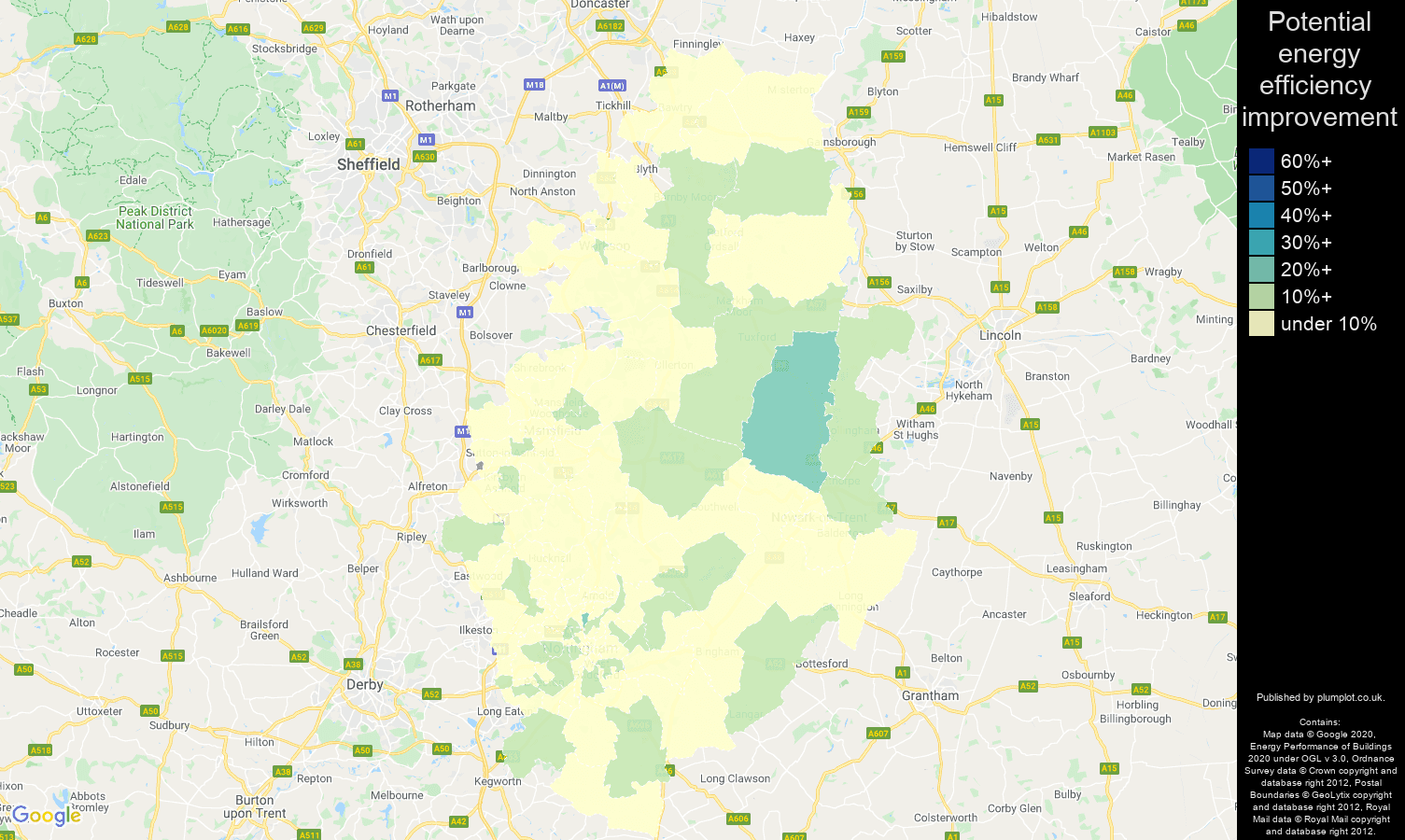 Nottinghamshire map of potential energy efficiency improvement of flats