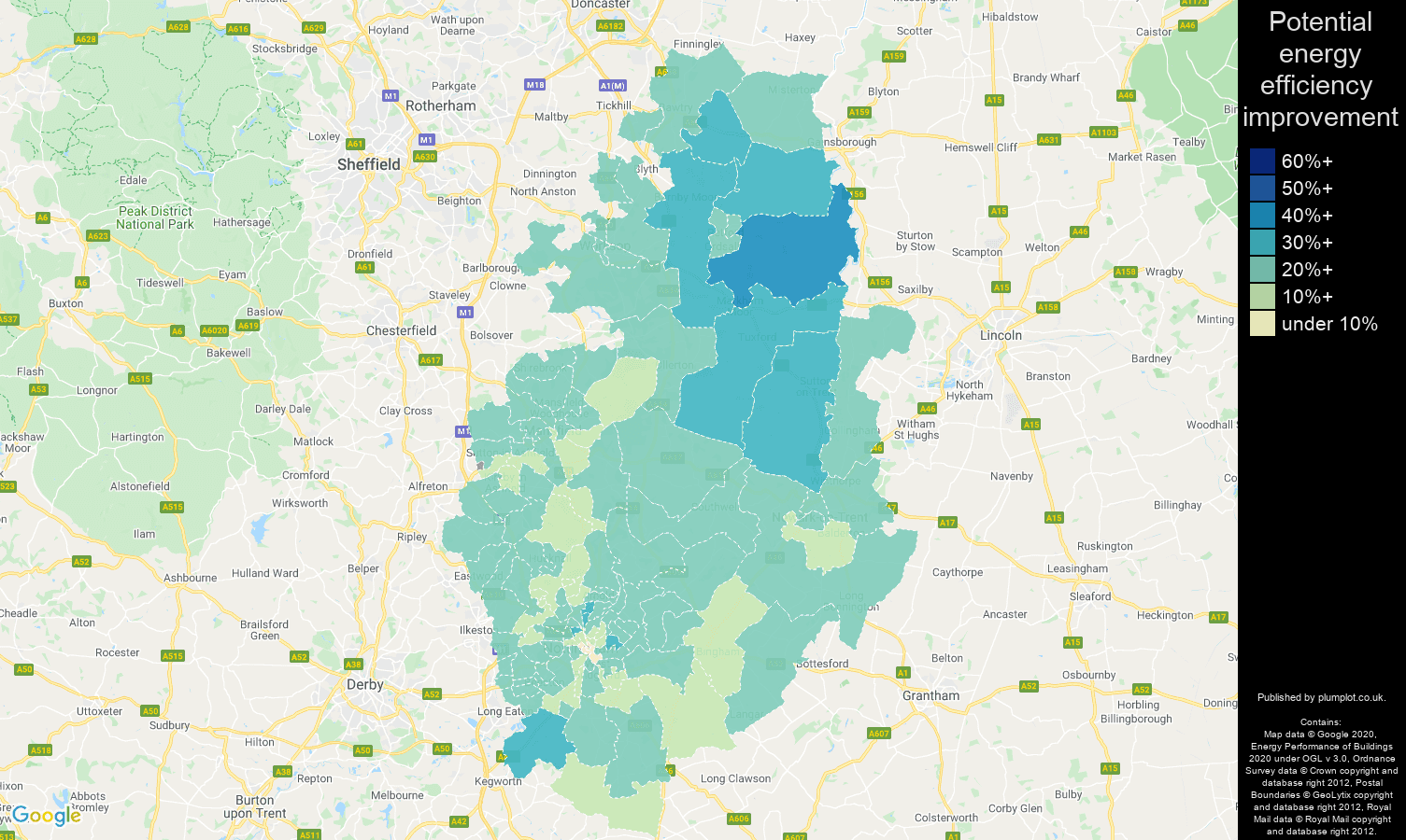 Nottinghamshire map of potential energy efficiency improvement of properties