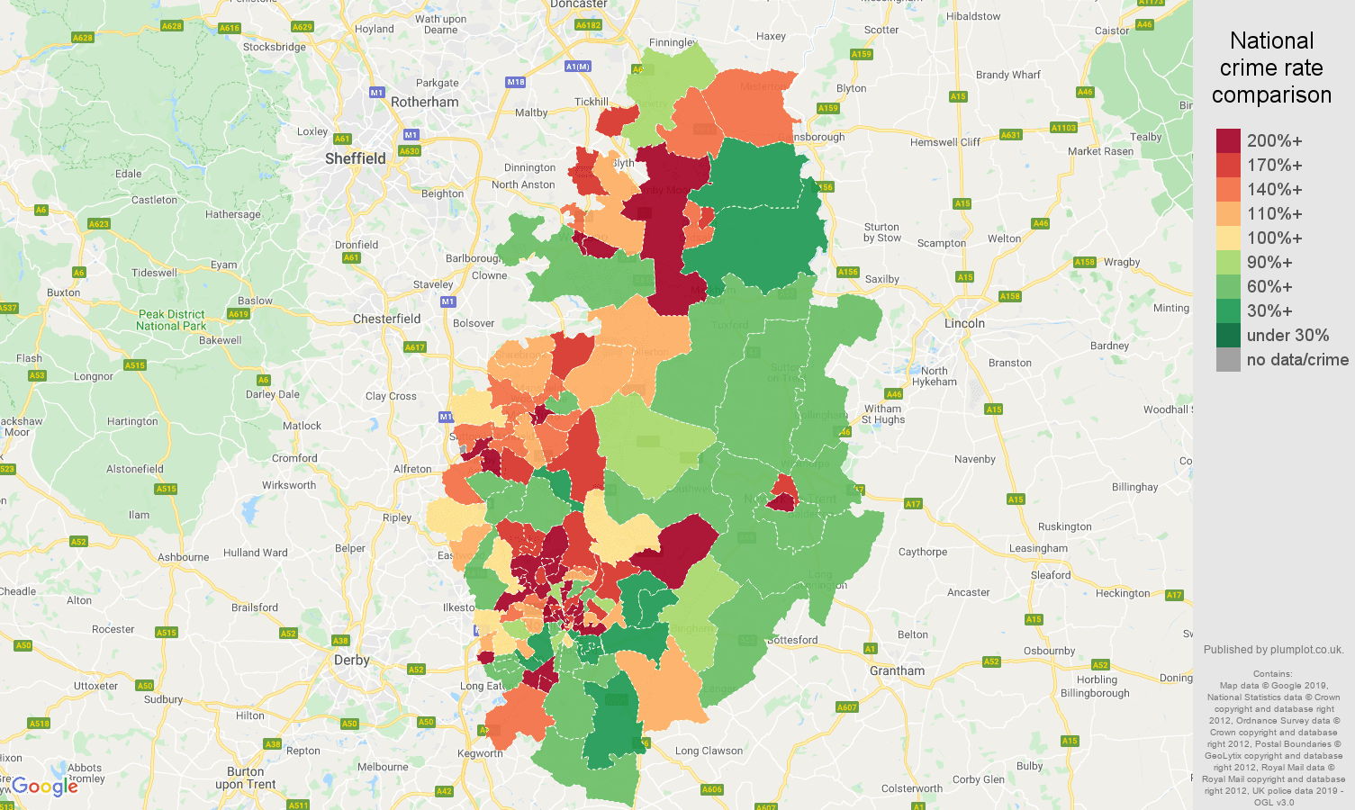 Nottinghamshire other crime rate comparison map