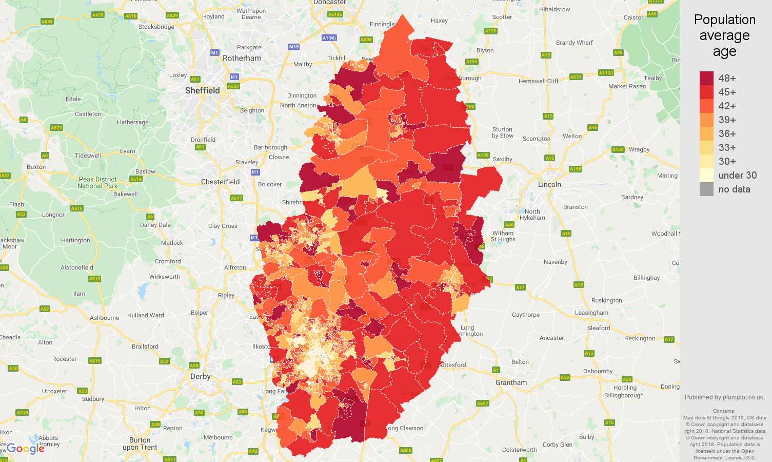 Nottinghamshire population average age map