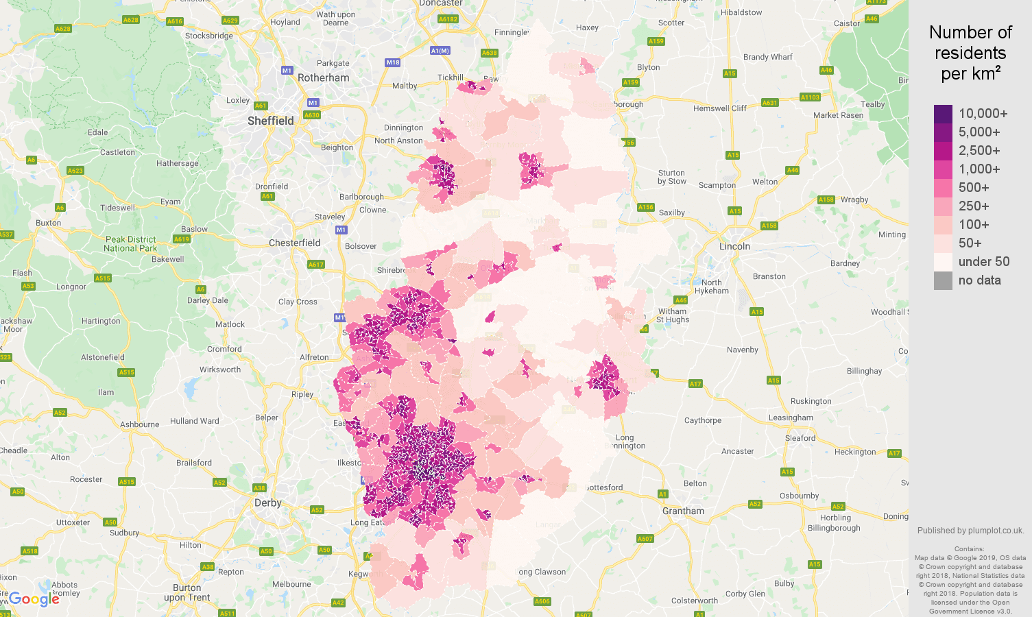 Nottinghamshire population density map