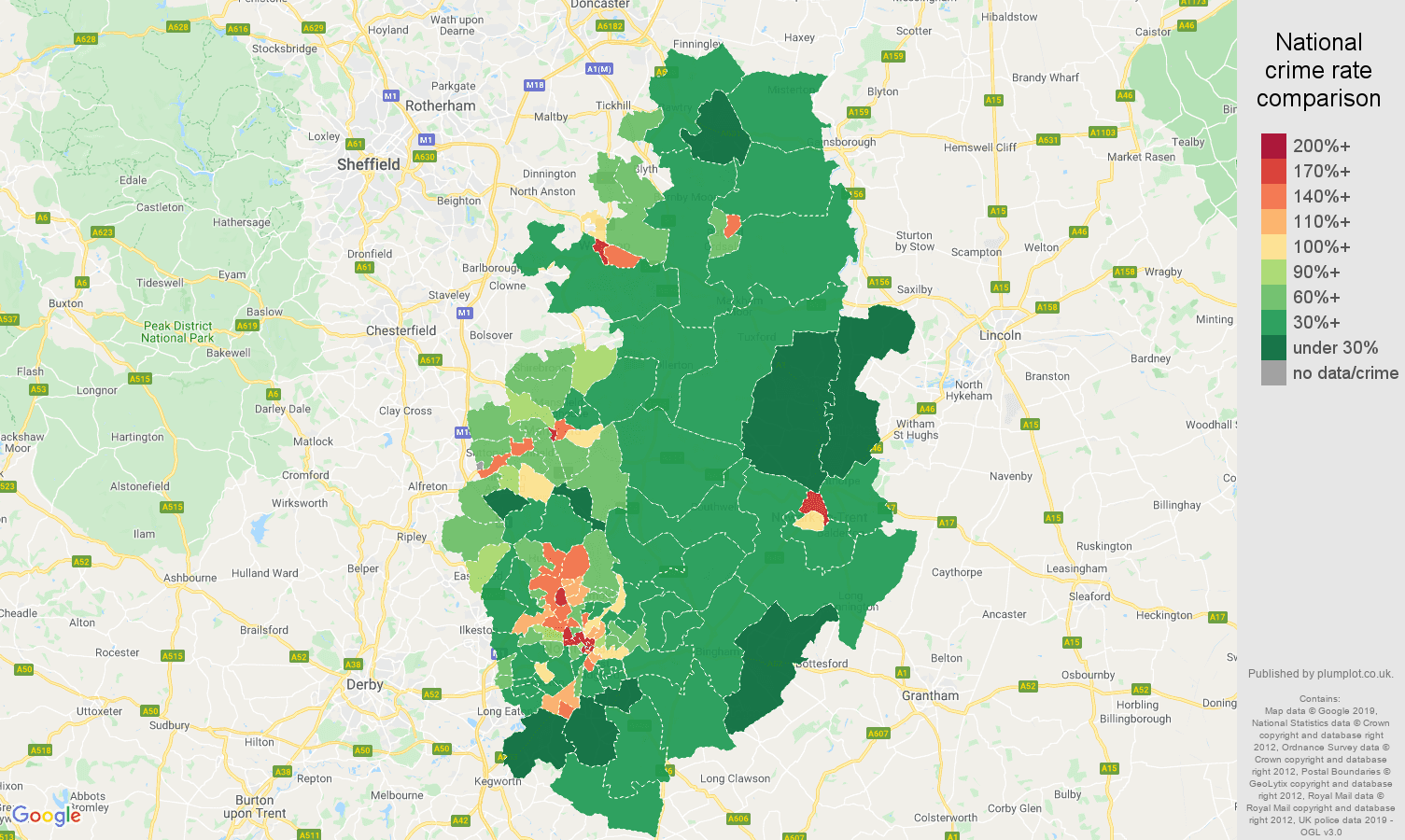Nottinghamshire public order crime rate comparison map