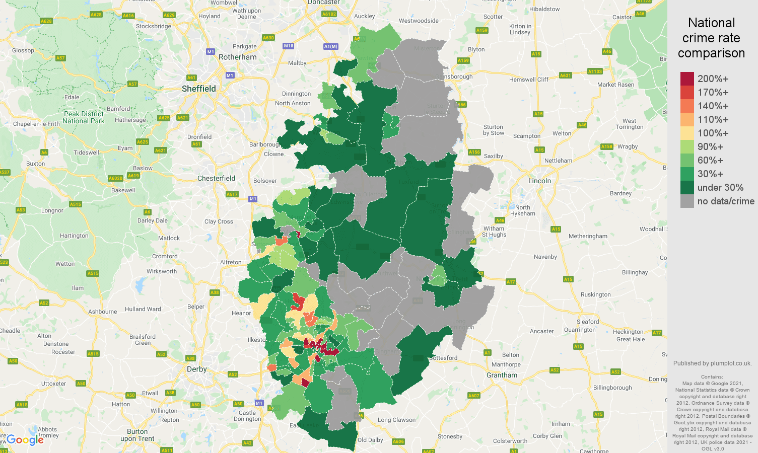 Nottinghamshire robbery crime rate comparison map
