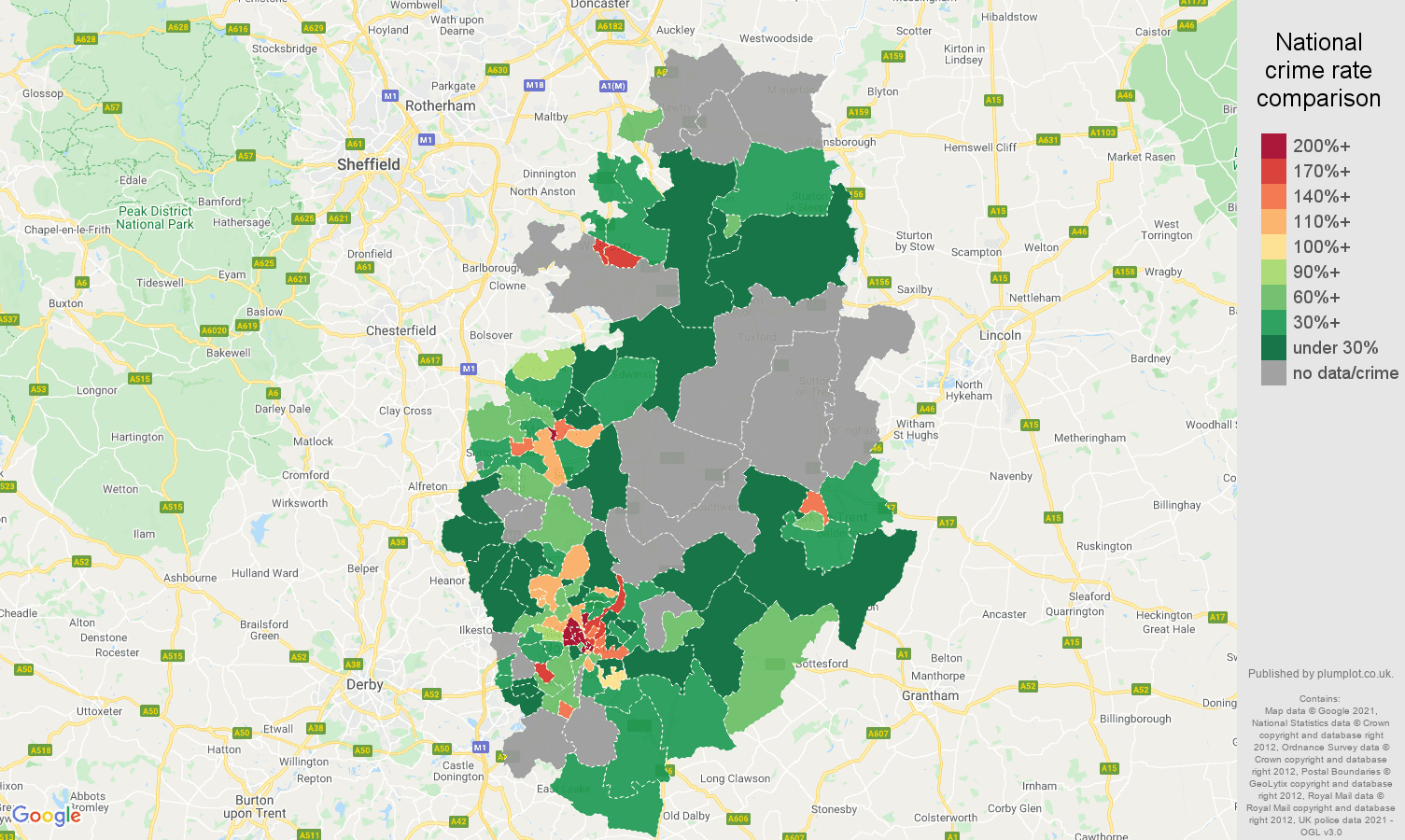 Nottinghamshire theft from the person crime rate comparison map