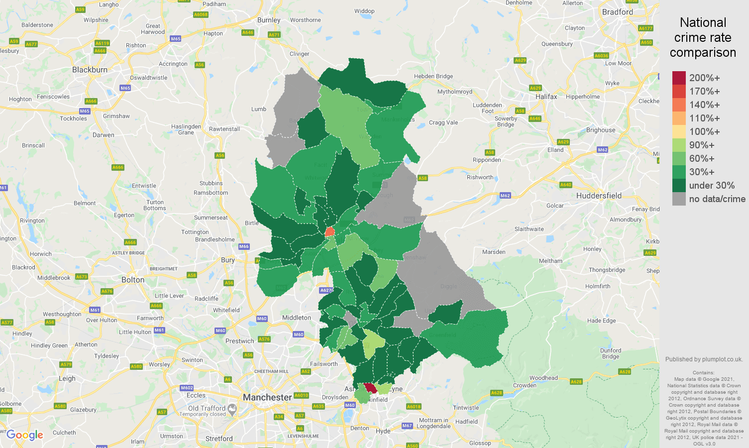Oldham bicycle theft crime rate comparison map