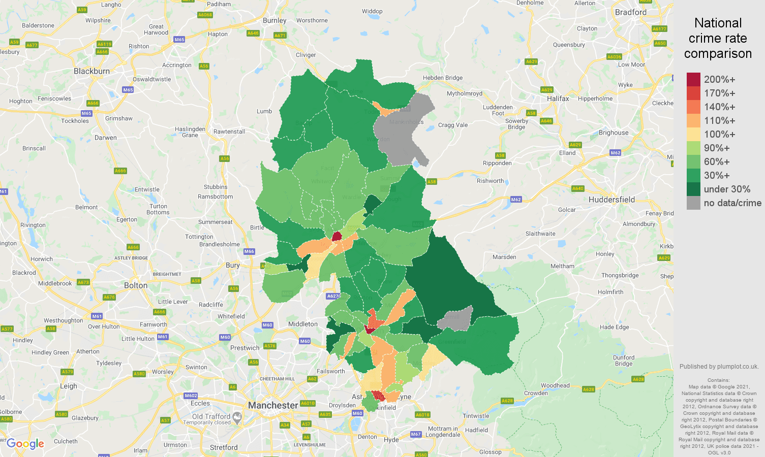 Oldham drugs crime rate comparison map