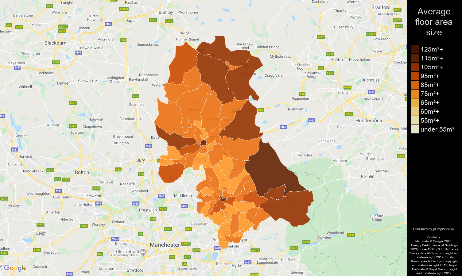 Oldham map of average floor area size of houses