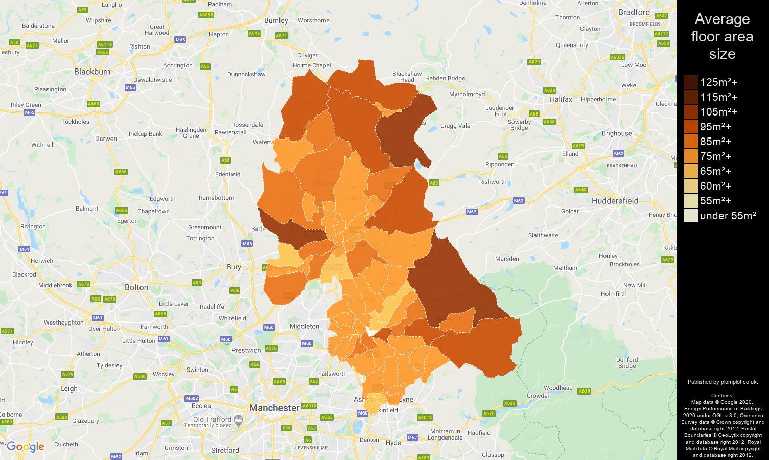 Oldham map of average floor area size of properties