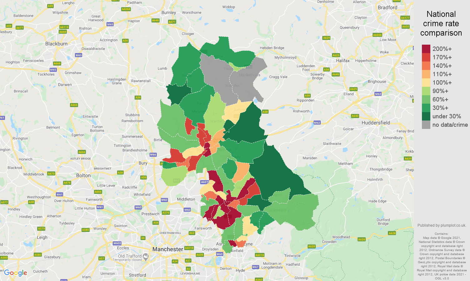 Oldham robbery crime rate comparison map