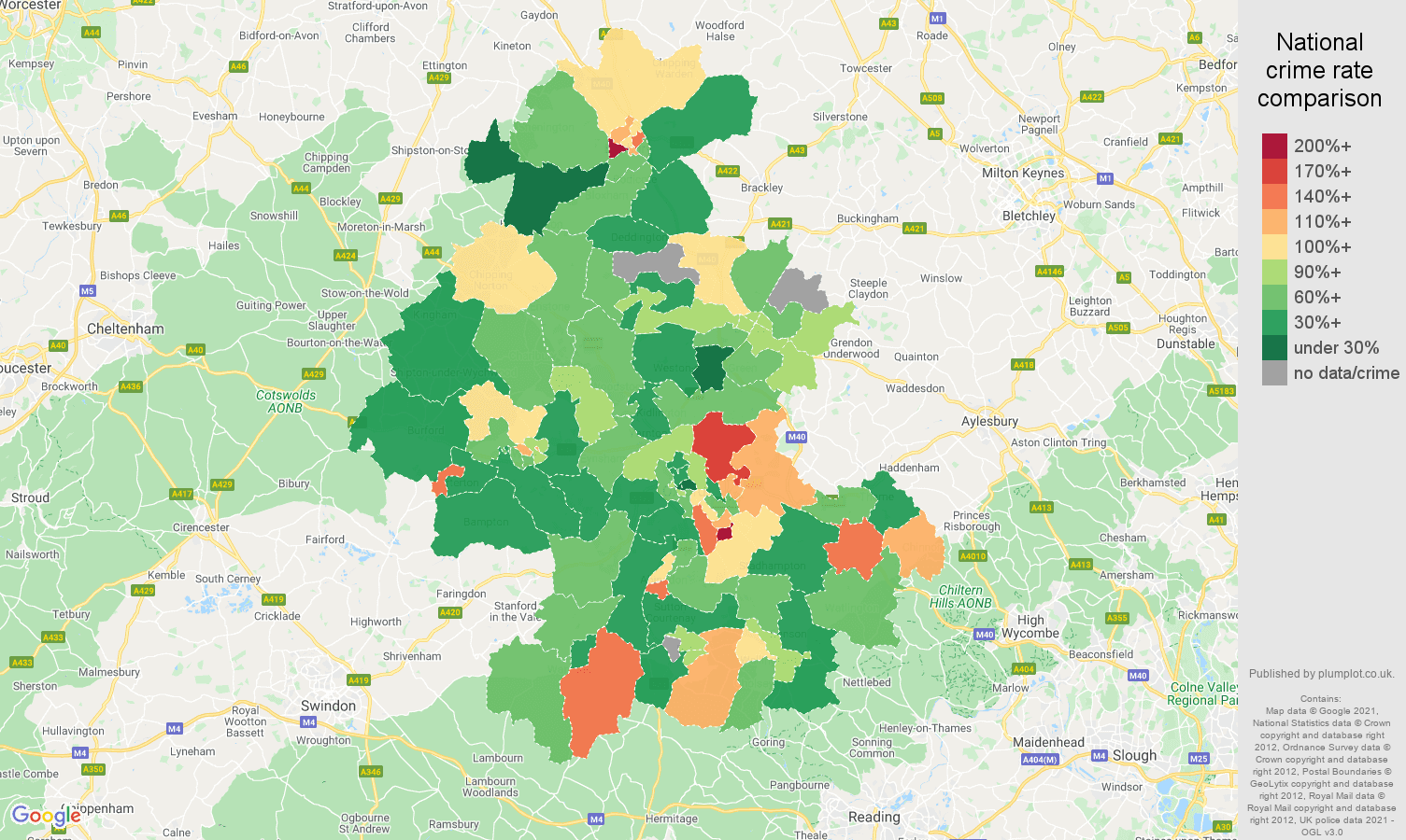 Oxford criminal damage and arson crime rate comparison map