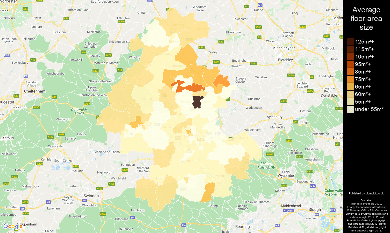 Oxford map of average floor area size of flats