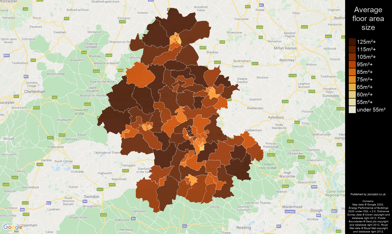 Oxford map of average floor area size of houses