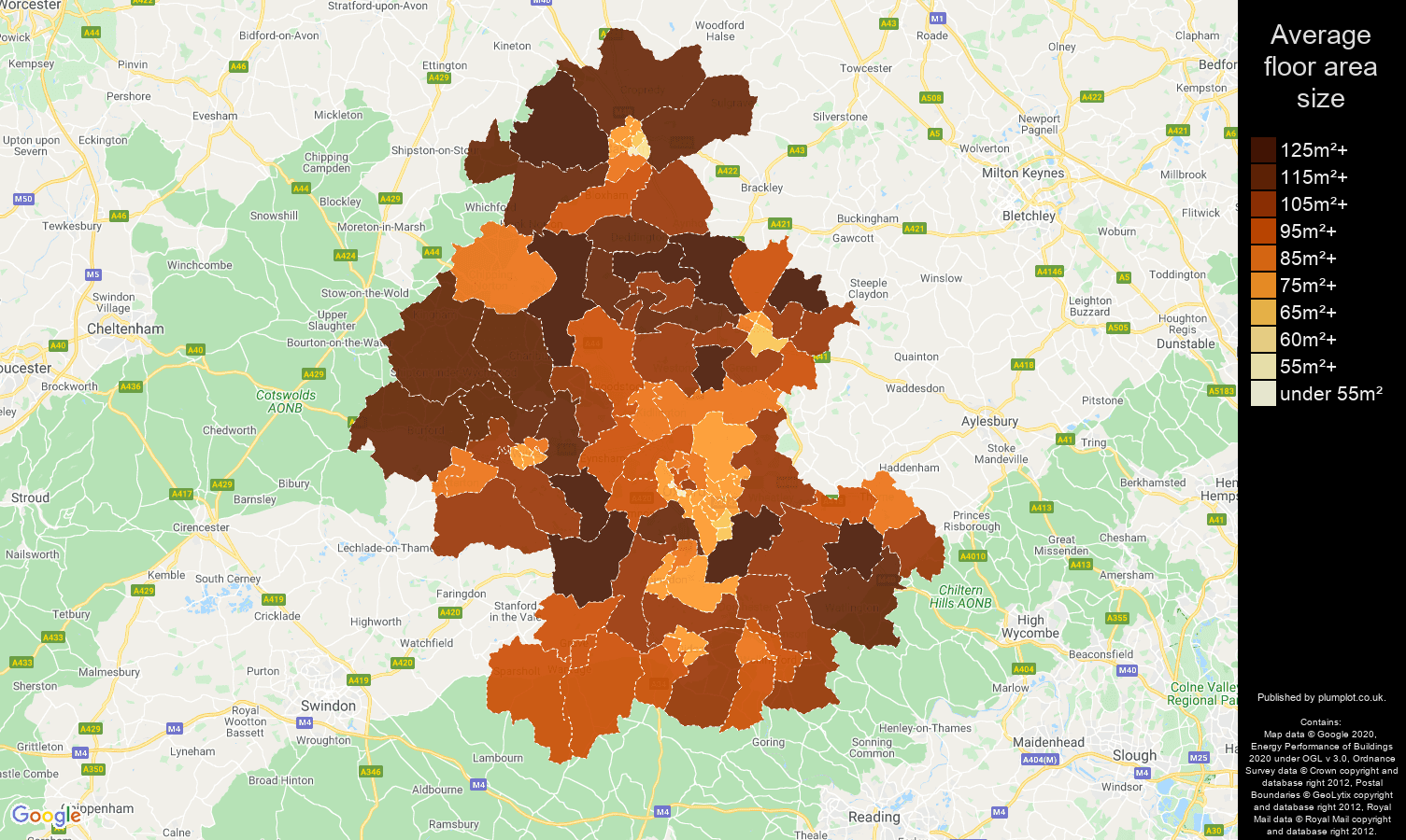 Oxford map of average floor area size of properties