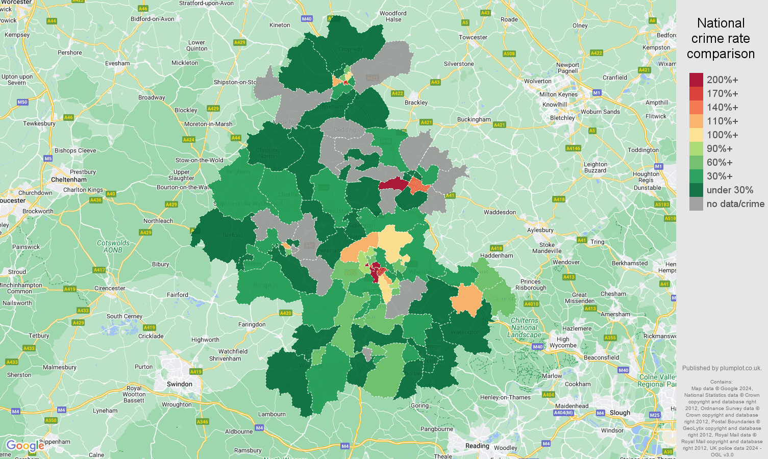 Oxford theft from the person crime rate comparison map