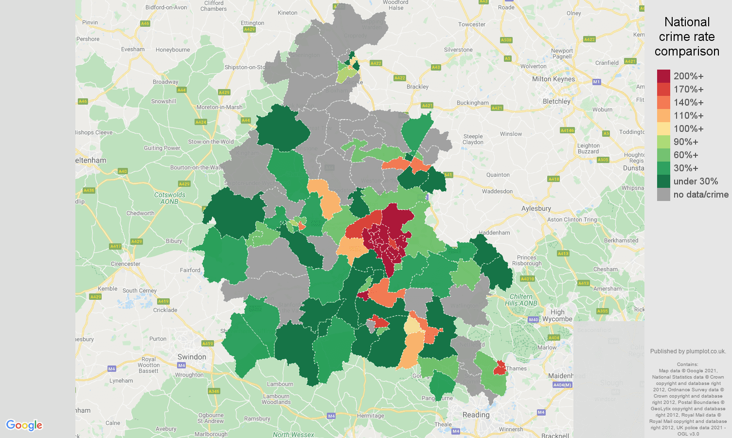 Oxfordshire bicycle theft crime rate comparison map