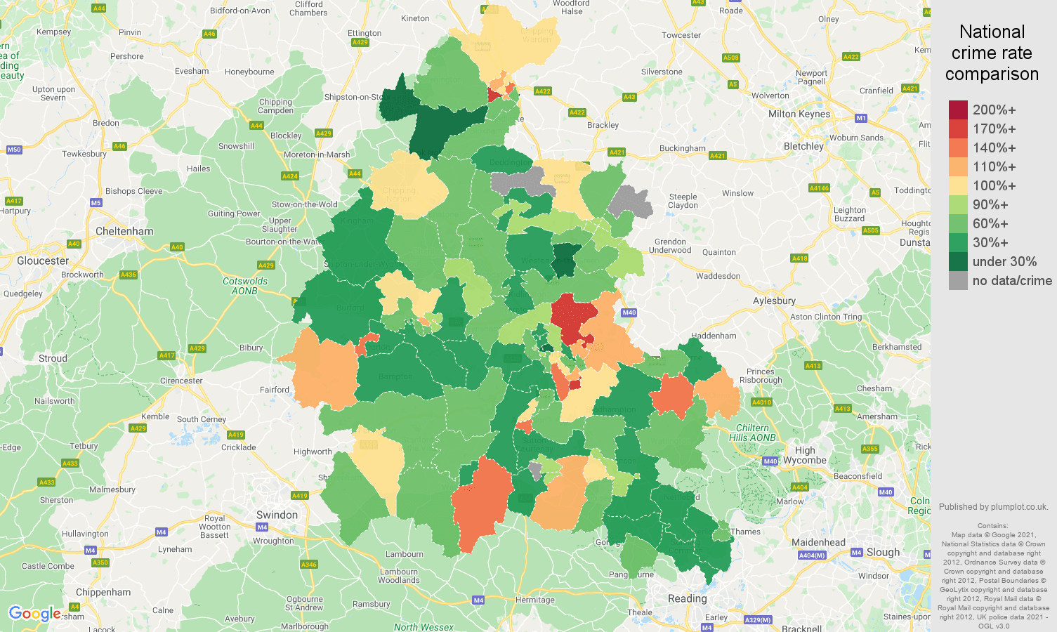 Oxfordshire criminal damage and arson crime rate comparison map