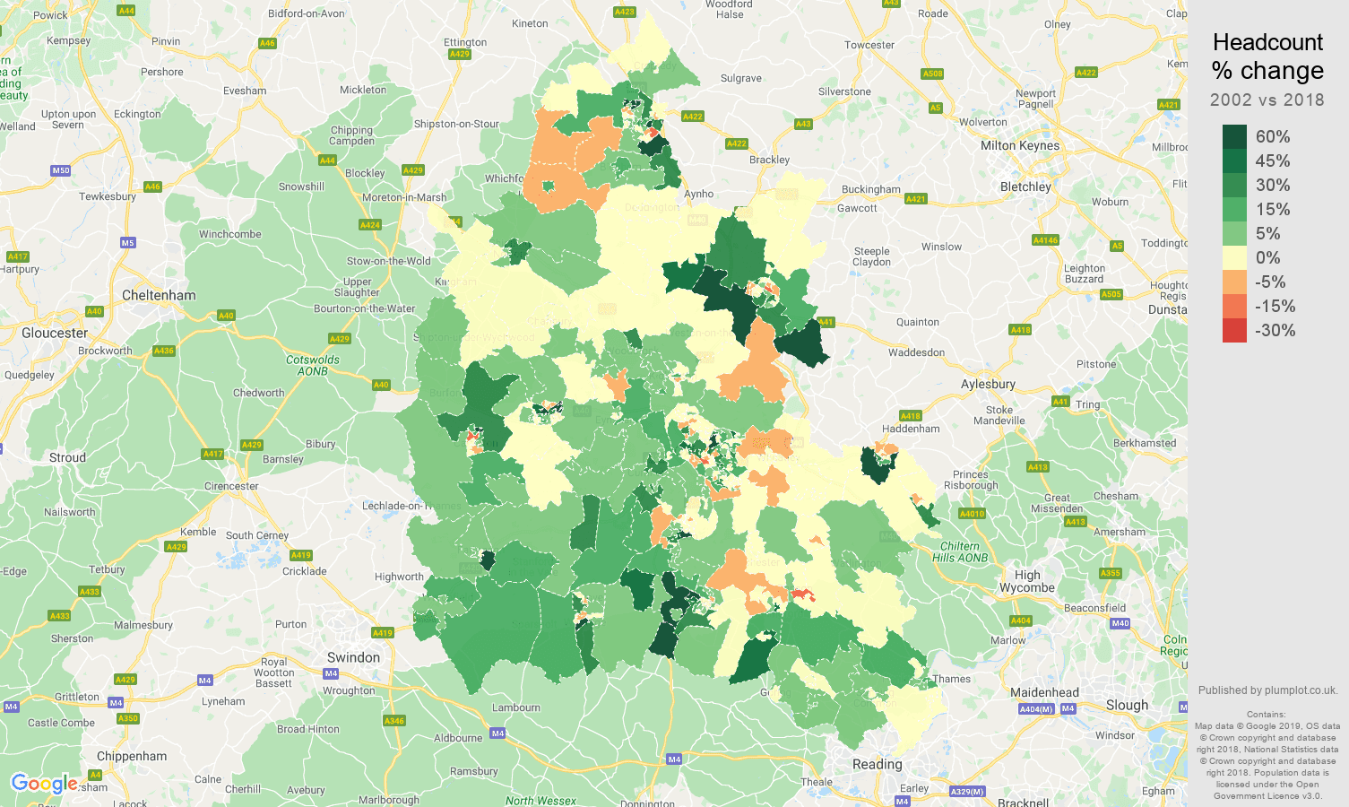 Oxfordshire headcount change map