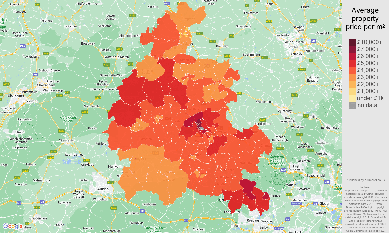 Oxfordshire house prices per square metre map