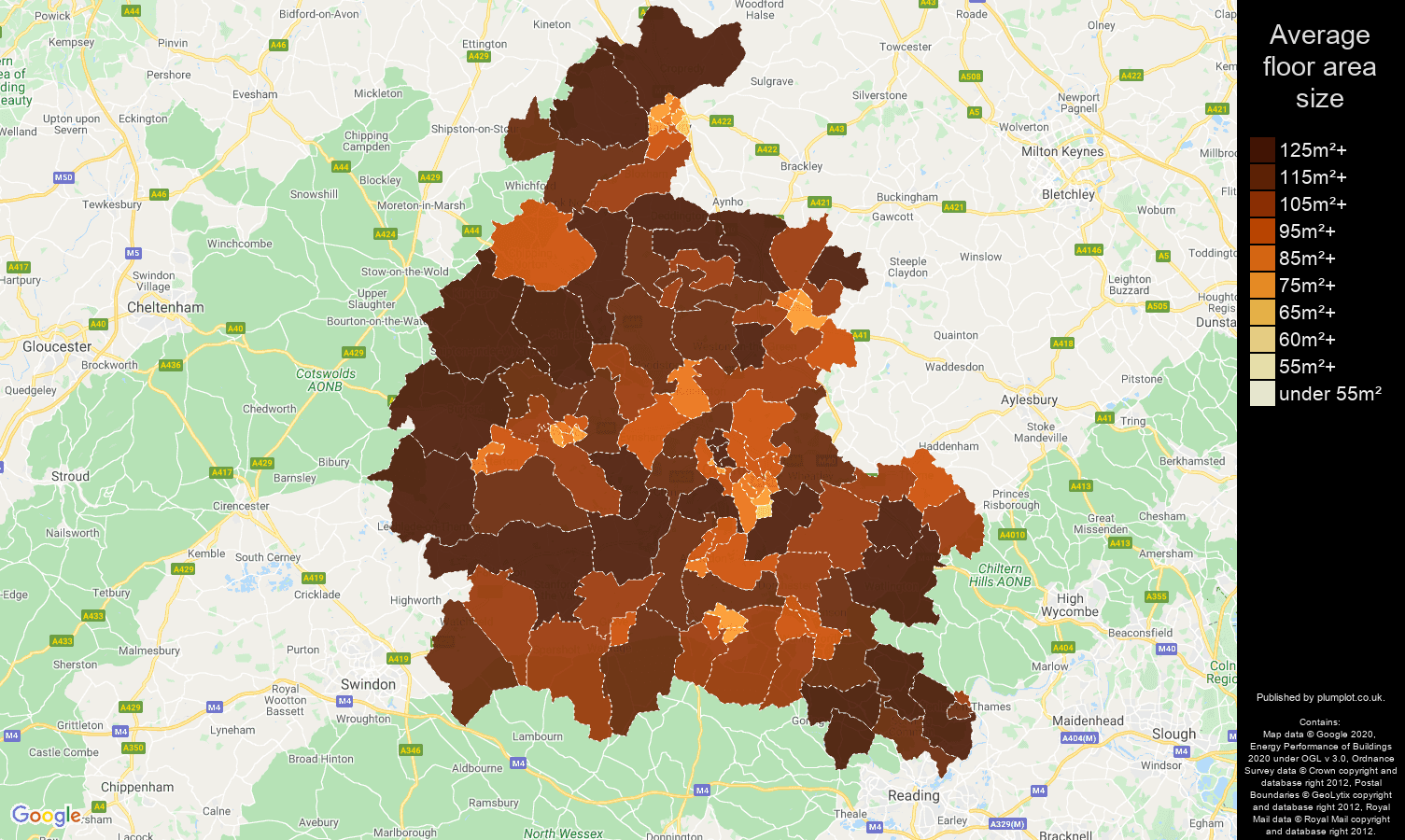 Oxfordshire map of average floor area size of houses