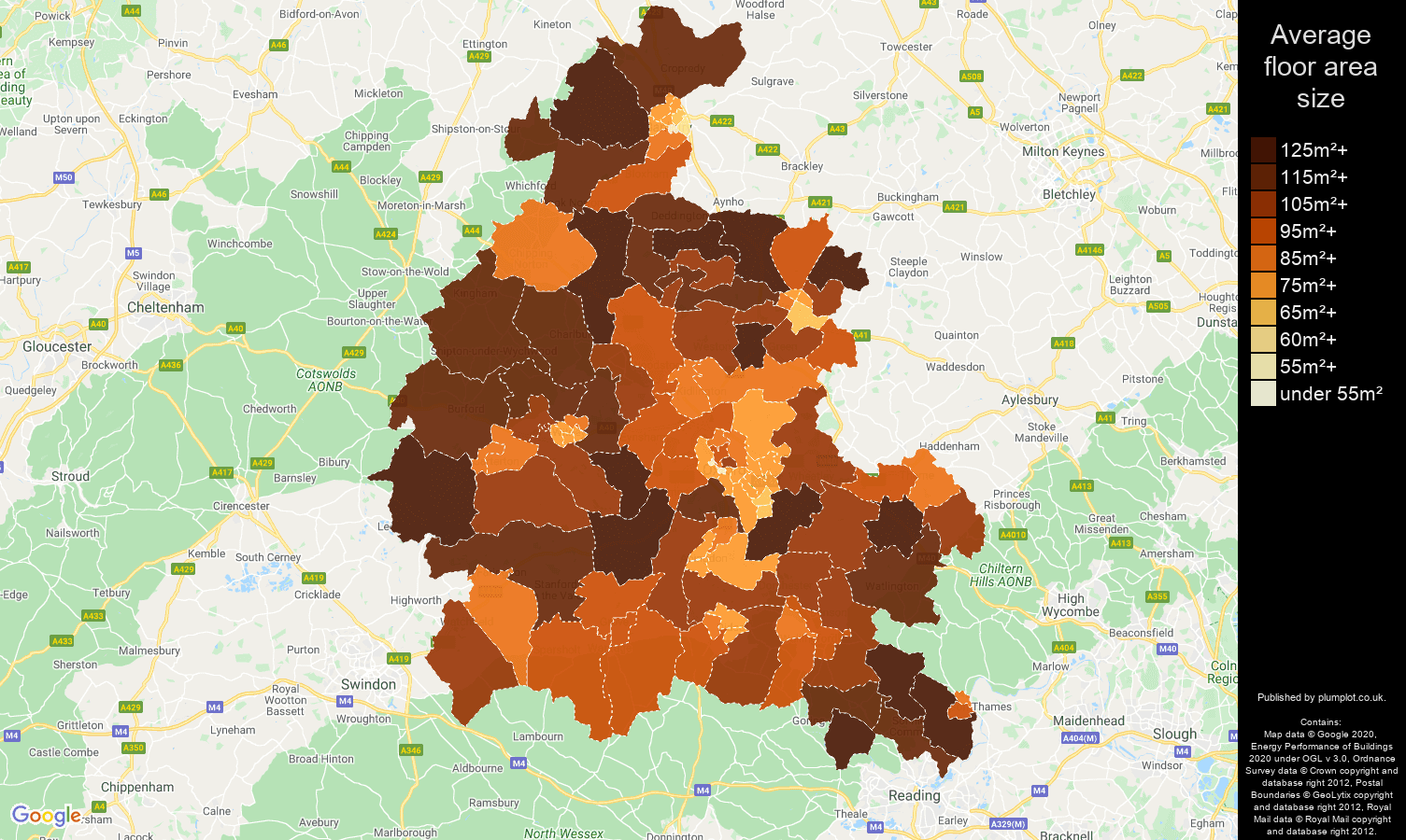 Oxfordshire map of average floor area size of properties