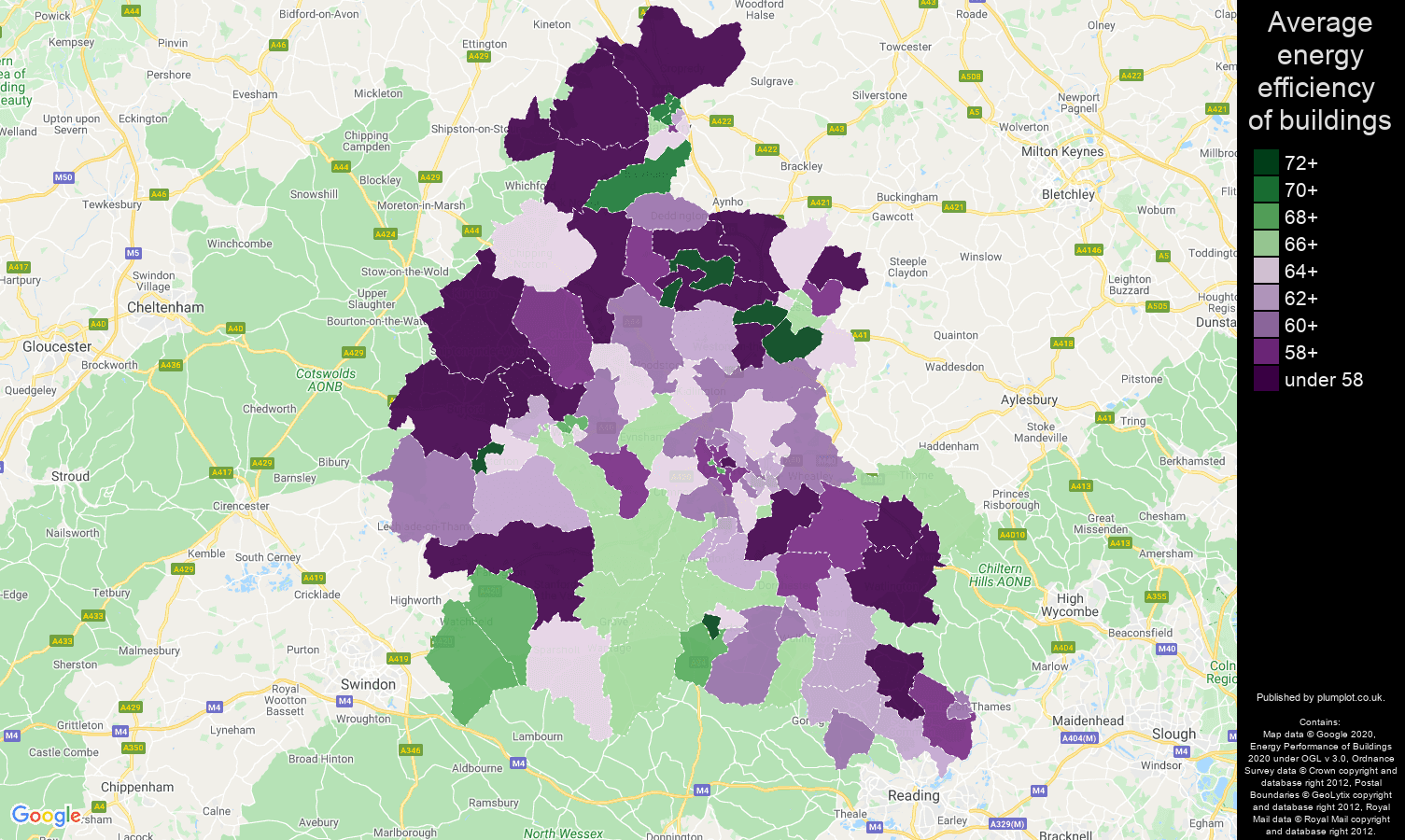 Oxfordshire map of energy efficiency of houses