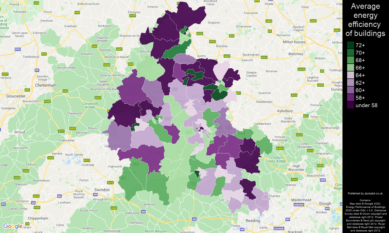 Oxfordshire map of energy efficiency of properties