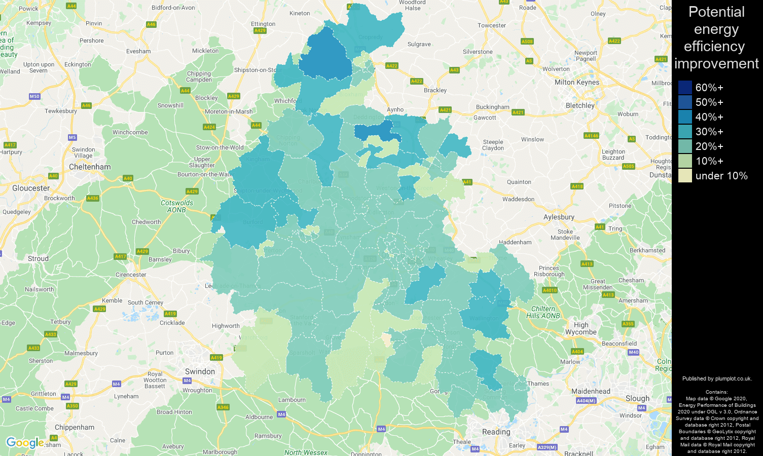 Oxfordshire map of potential energy efficiency improvement of houses