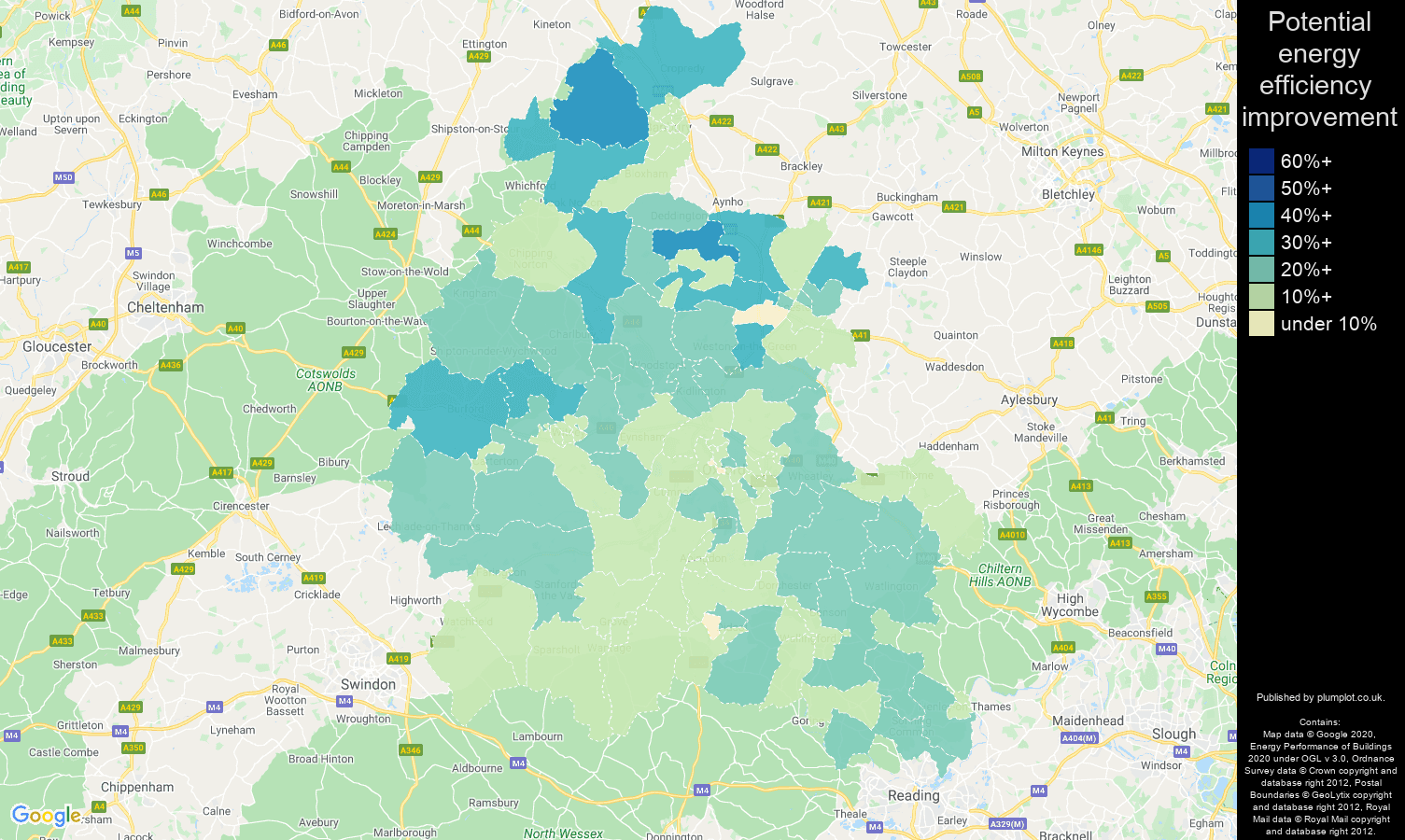 Oxfordshire map of potential energy efficiency improvement of properties