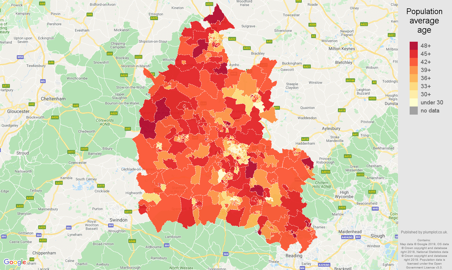 Oxfordshire population average age map