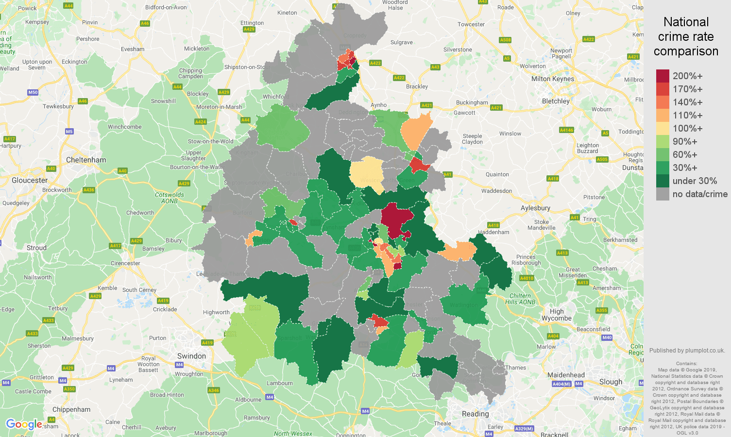 Oxfordshire possession of weapons crime rate comparison map