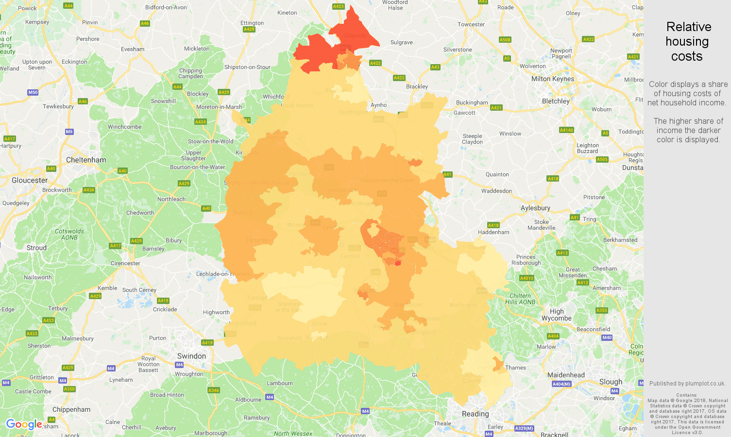 Oxfordshire relative housing costs map