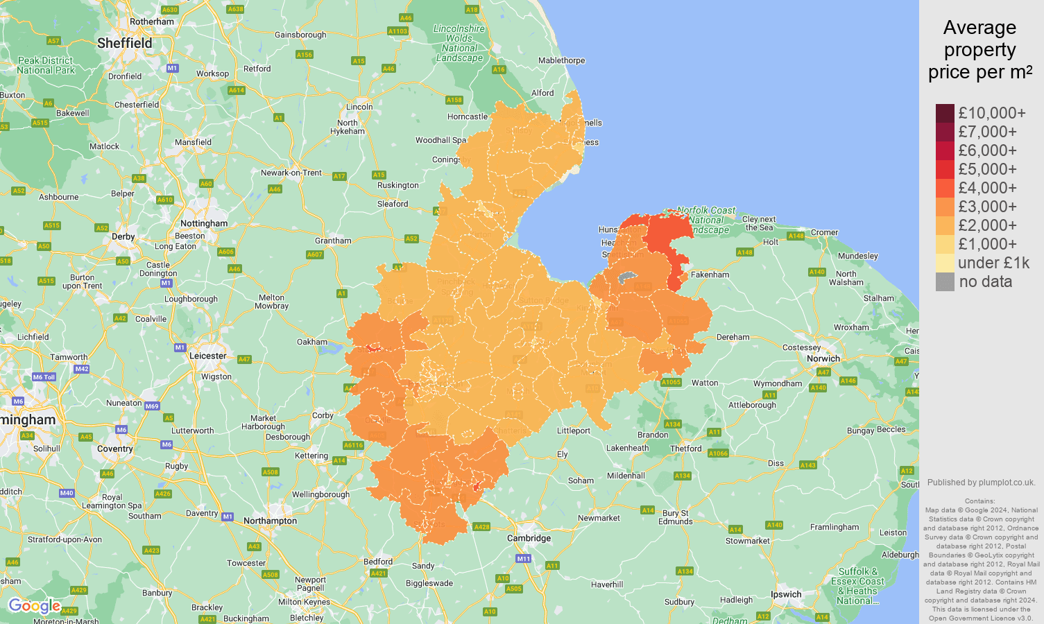Peterborough house prices per square metre map