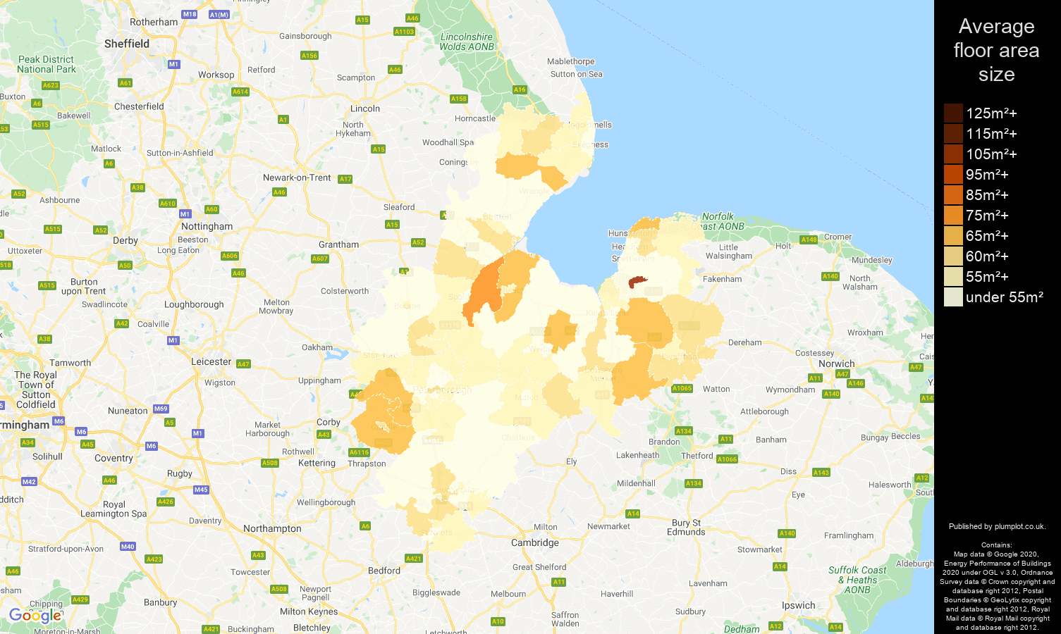 Peterborough map of average floor area size of flats