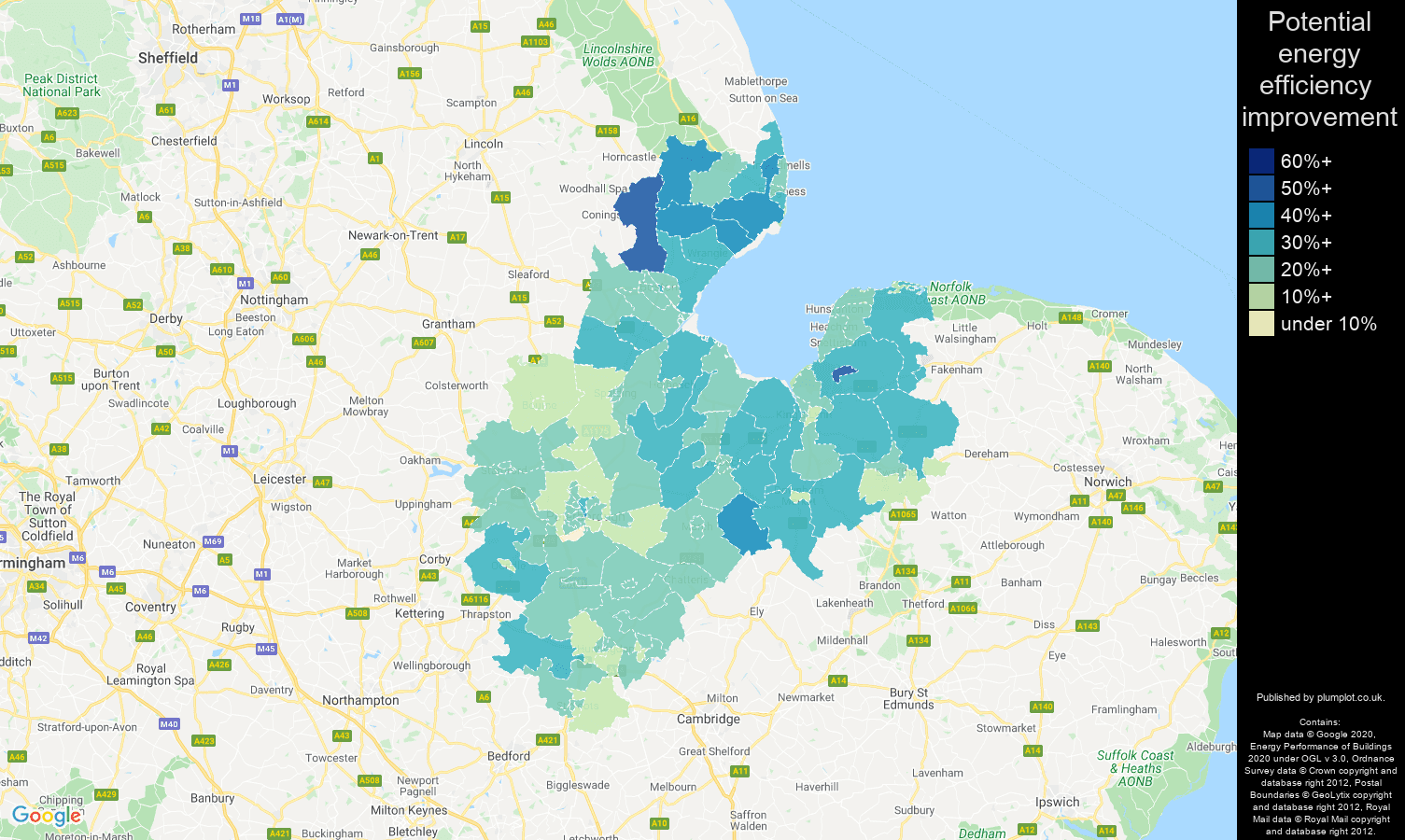 Peterborough map of potential energy efficiency improvement of houses