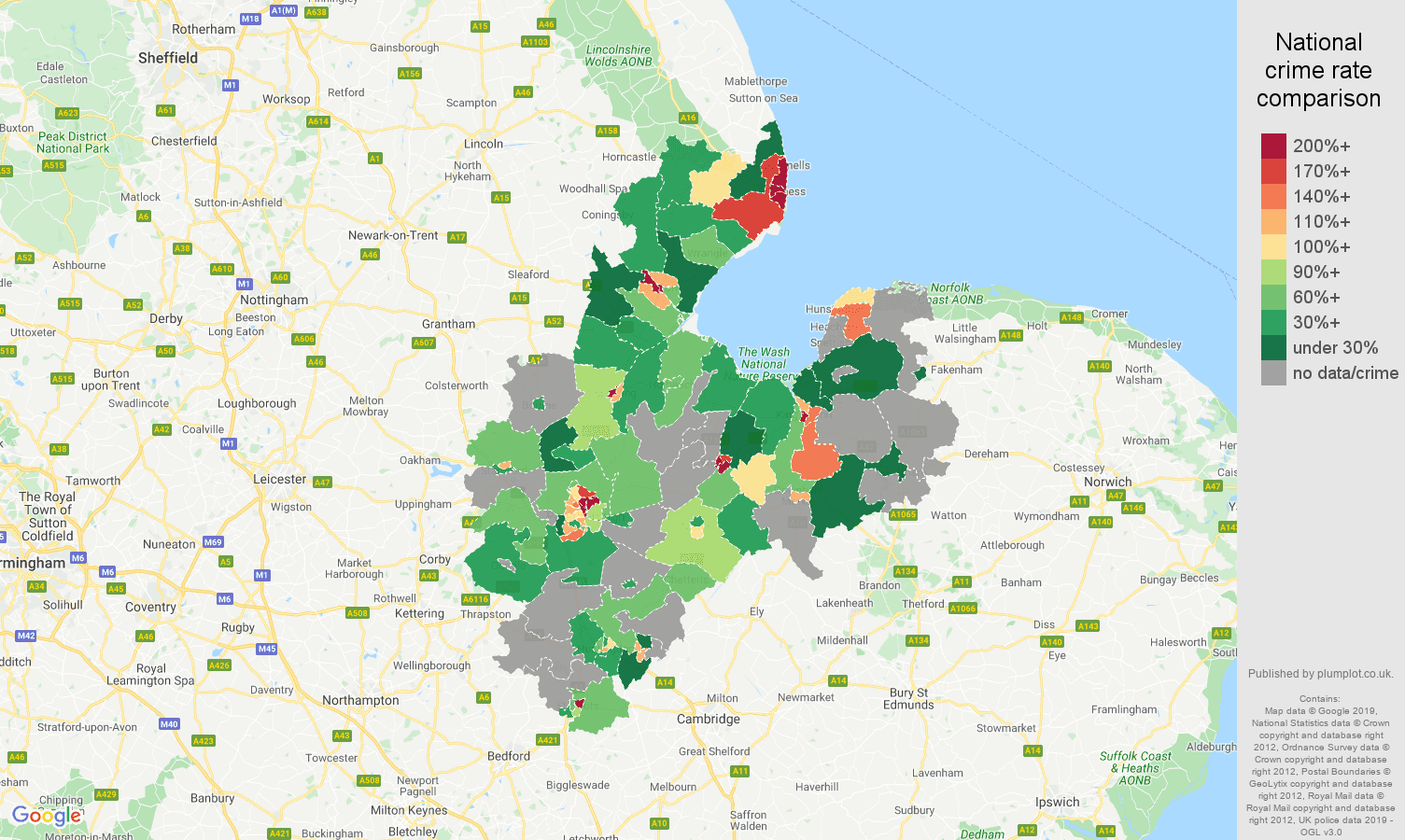 Peterborough possession of weapons crime rate comparison map