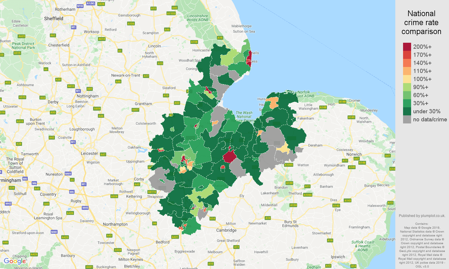 Peterborough shoplifting crime rate comparison map