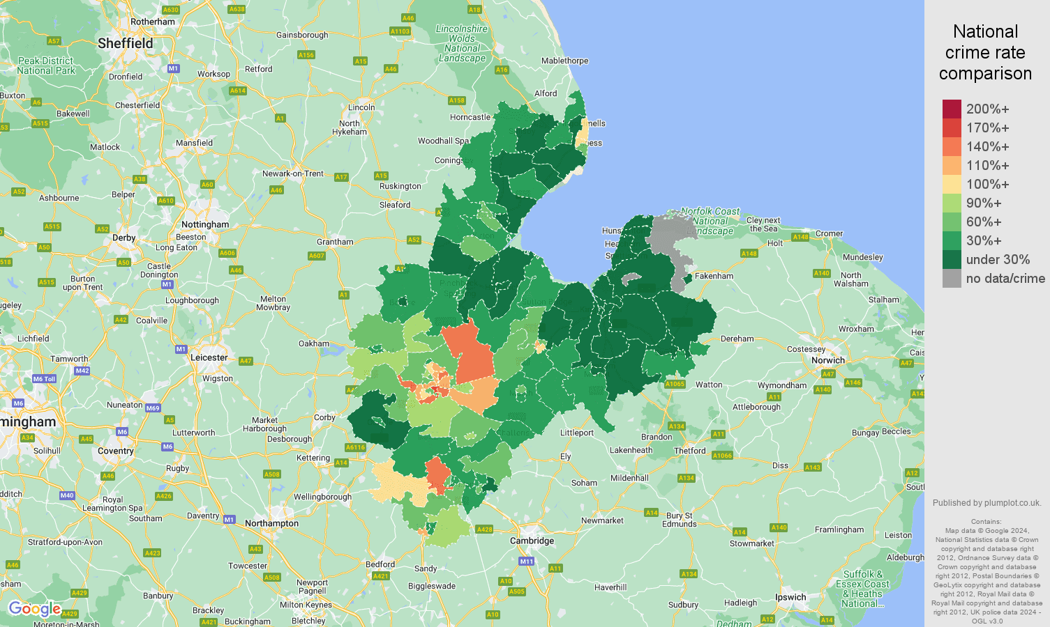 Peterborough vehicle crime rate comparison map
