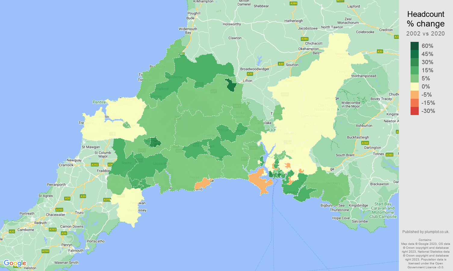Plymouth headcount change map