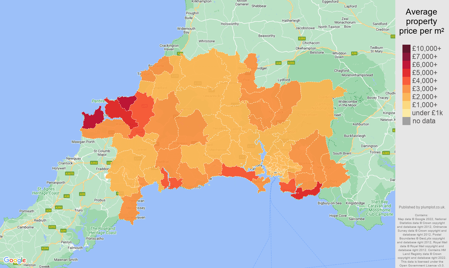 Plymouth house prices per square metre map