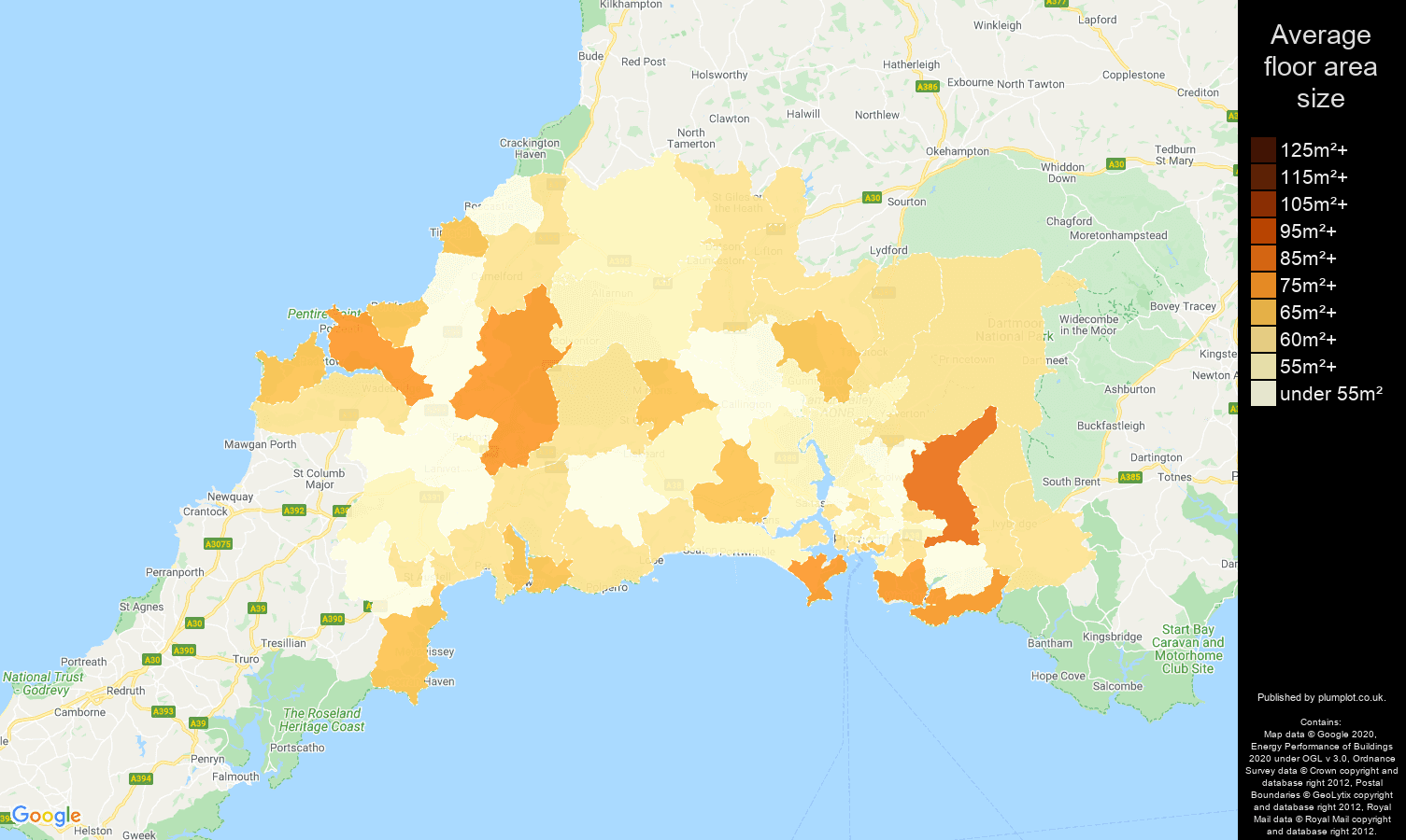 Plymouth map of average floor area size of flats