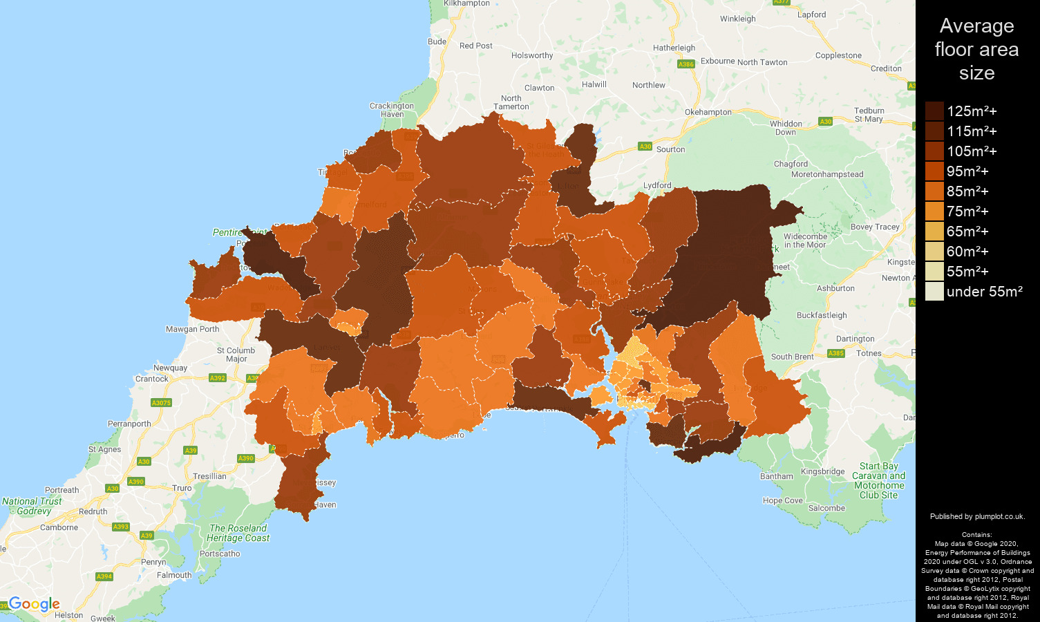 Plymouth map of average floor area size of properties