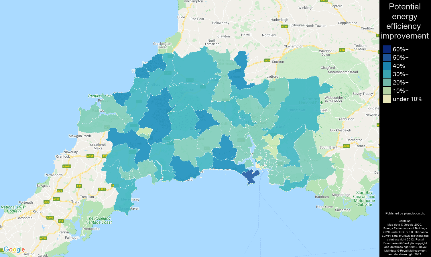 Plymouth map of potential energy efficiency improvement of houses
