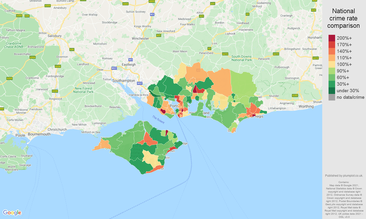 Portsmouth criminal damage and arson crime rate comparison map